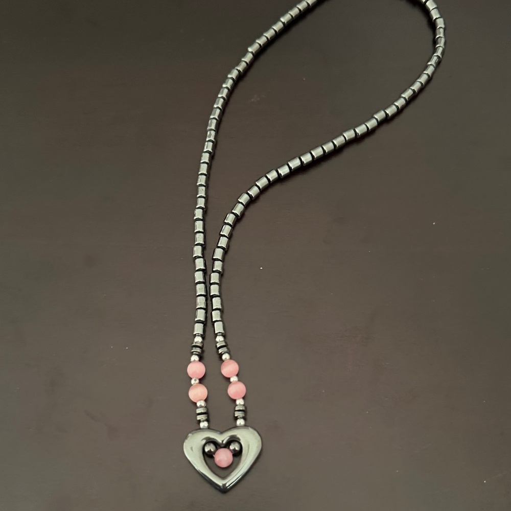 Pink and Hematite Heart Pendant Beaded Necklace